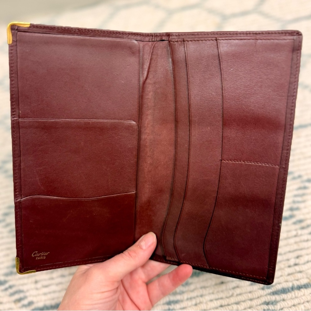 CARTIER Vintage Unisex Must de Cartier Bordeaux Calfskin Long Slim Wallet W Gold - Picture 9 of 16